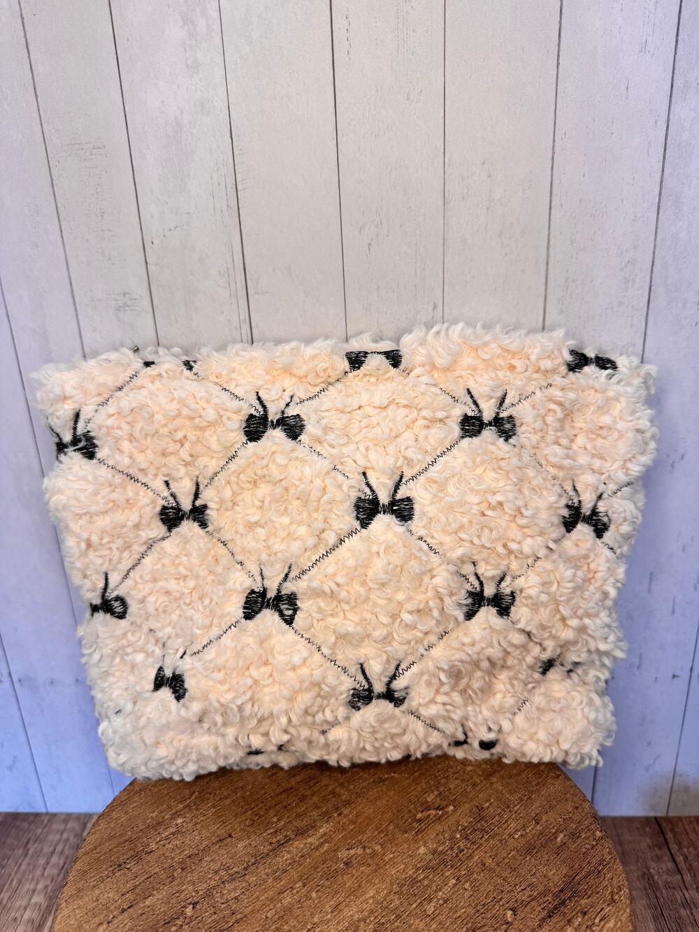 Lamb's Wool White Black Bow Large Makeup Bag 8.5 x 6.5 Zipper Travel Bag